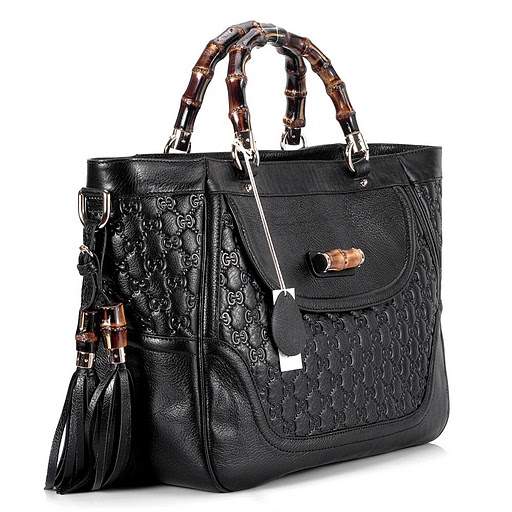 1:1 Gucci 246860 New Bamboo Medium Tote Bags-Black Guccissima Leather - Click Image to Close